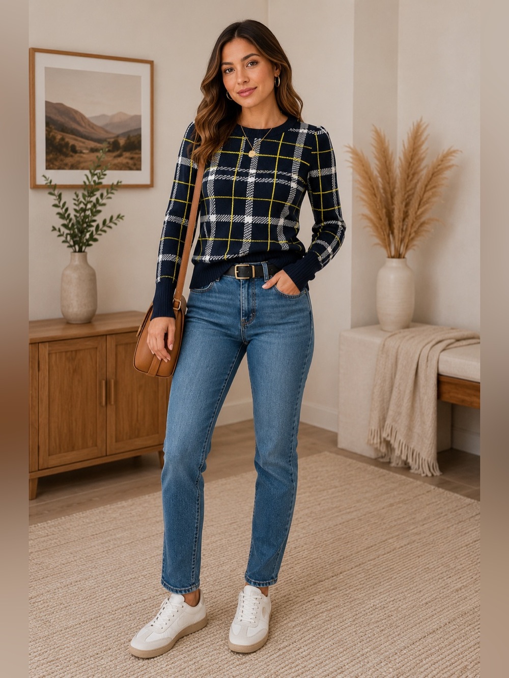 Banana Republic Navy Plaid Crewneck Sweater with Yellow Accents